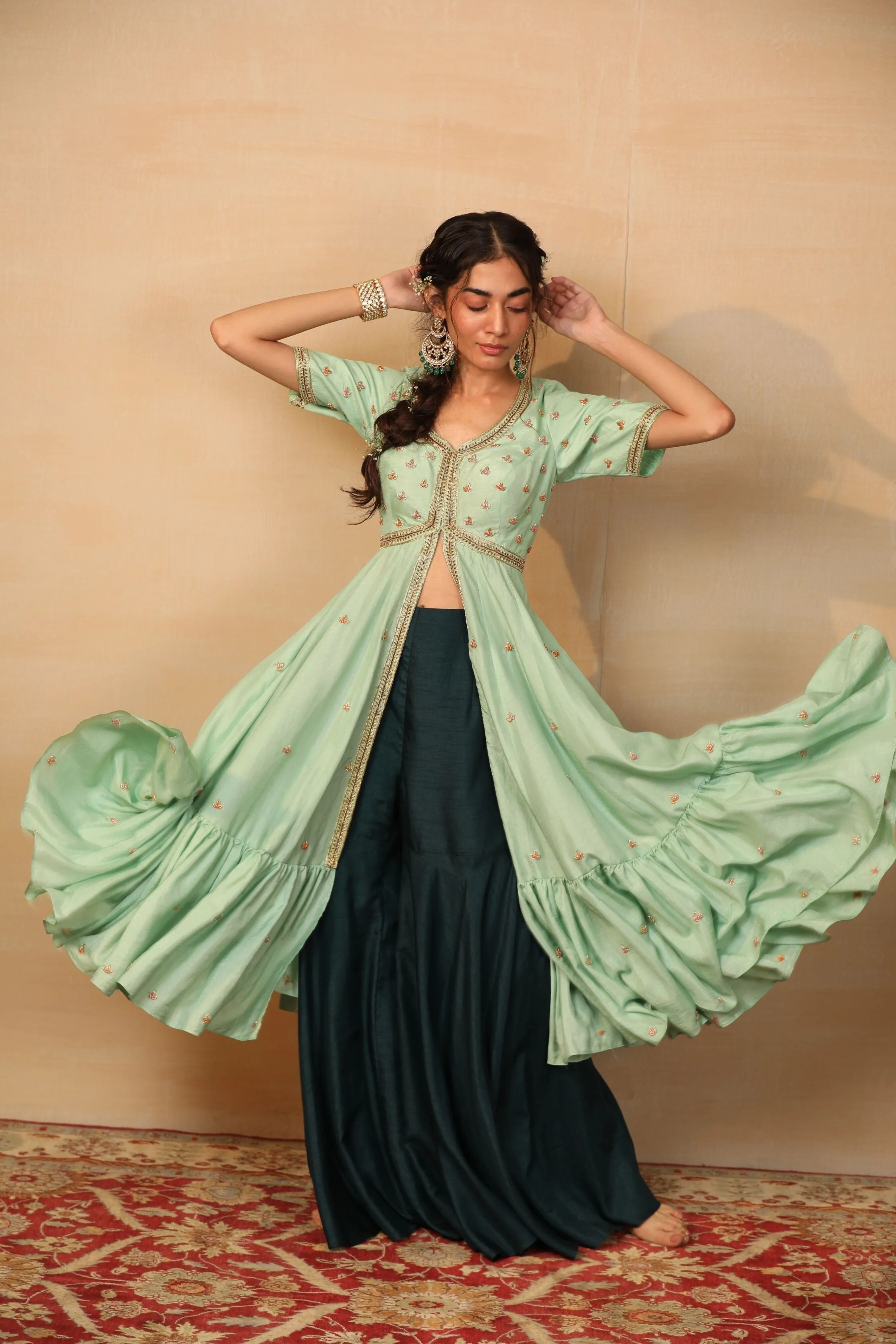 Alia Mint and Dark Green Tiered Jacket Sharara