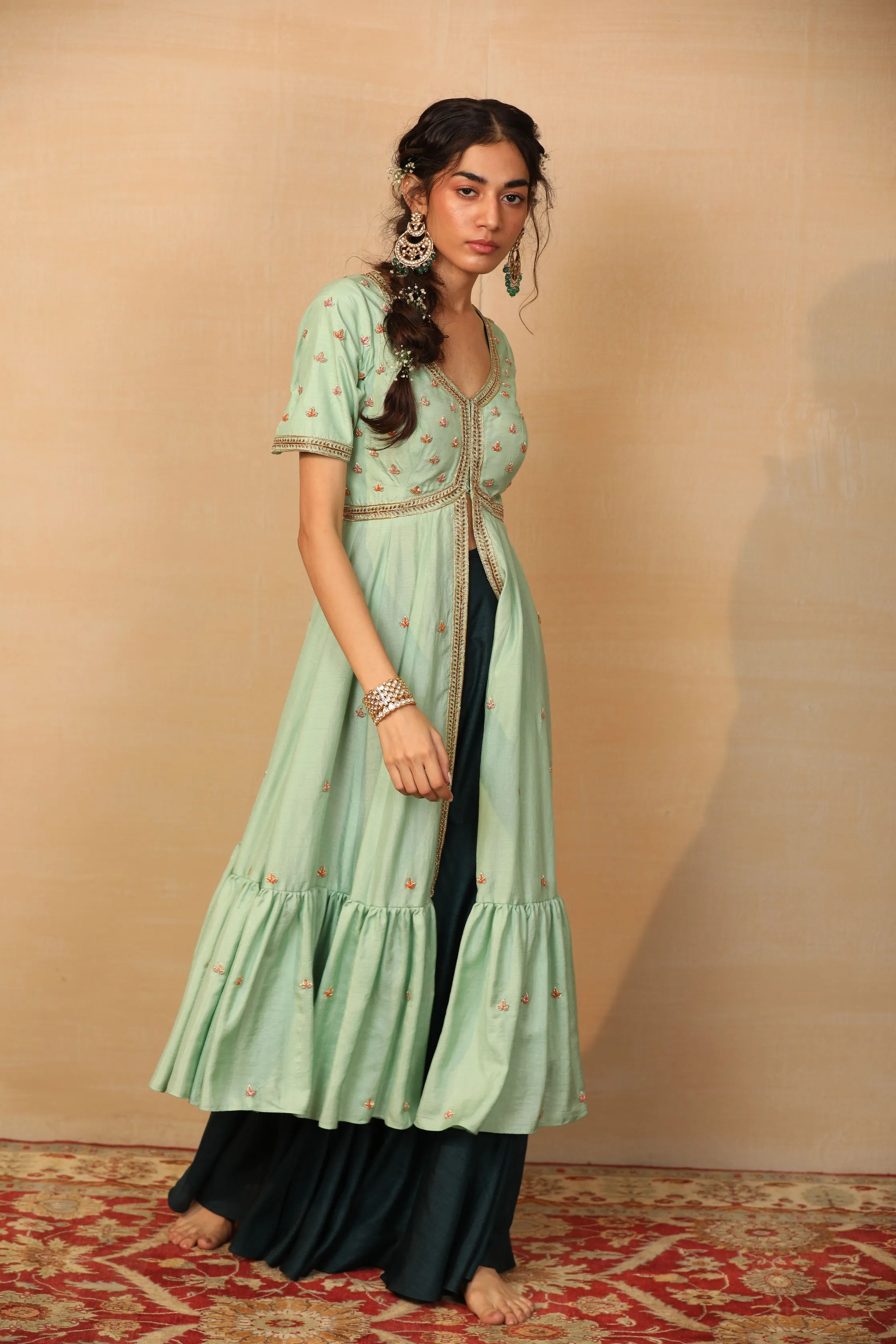 Alia Mint and Dark Green Tiered Jacket Sharara