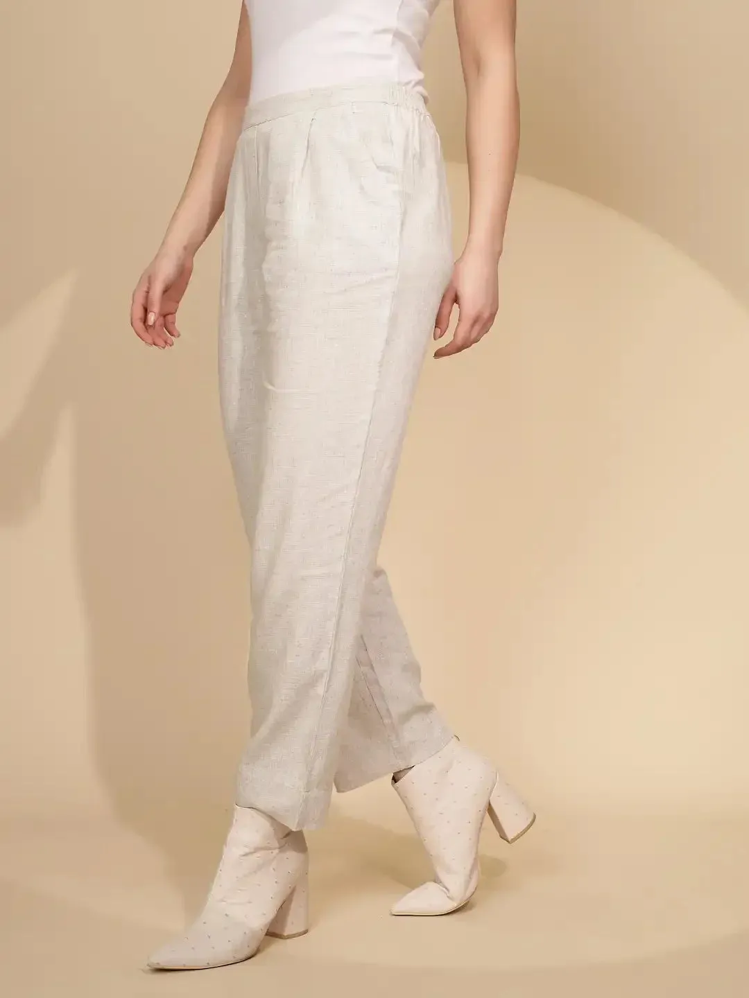 Beige Linen Relaxed Fit Trouser For Women