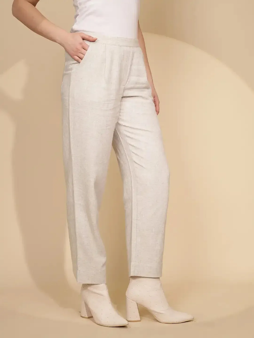 Beige Linen Relaxed Fit Trouser For Women