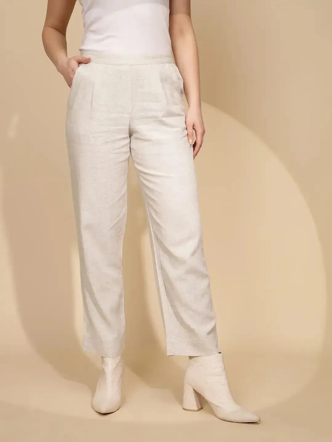 Beige Linen Relaxed Fit Trouser For Women