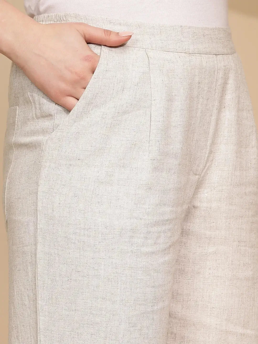 Beige Linen Relaxed Fit Trouser For Women
