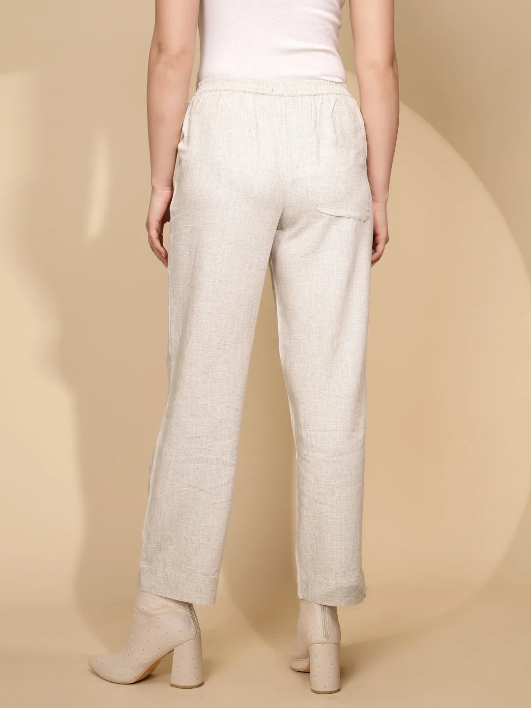 Beige Linen Relaxed Fit Trouser For Women