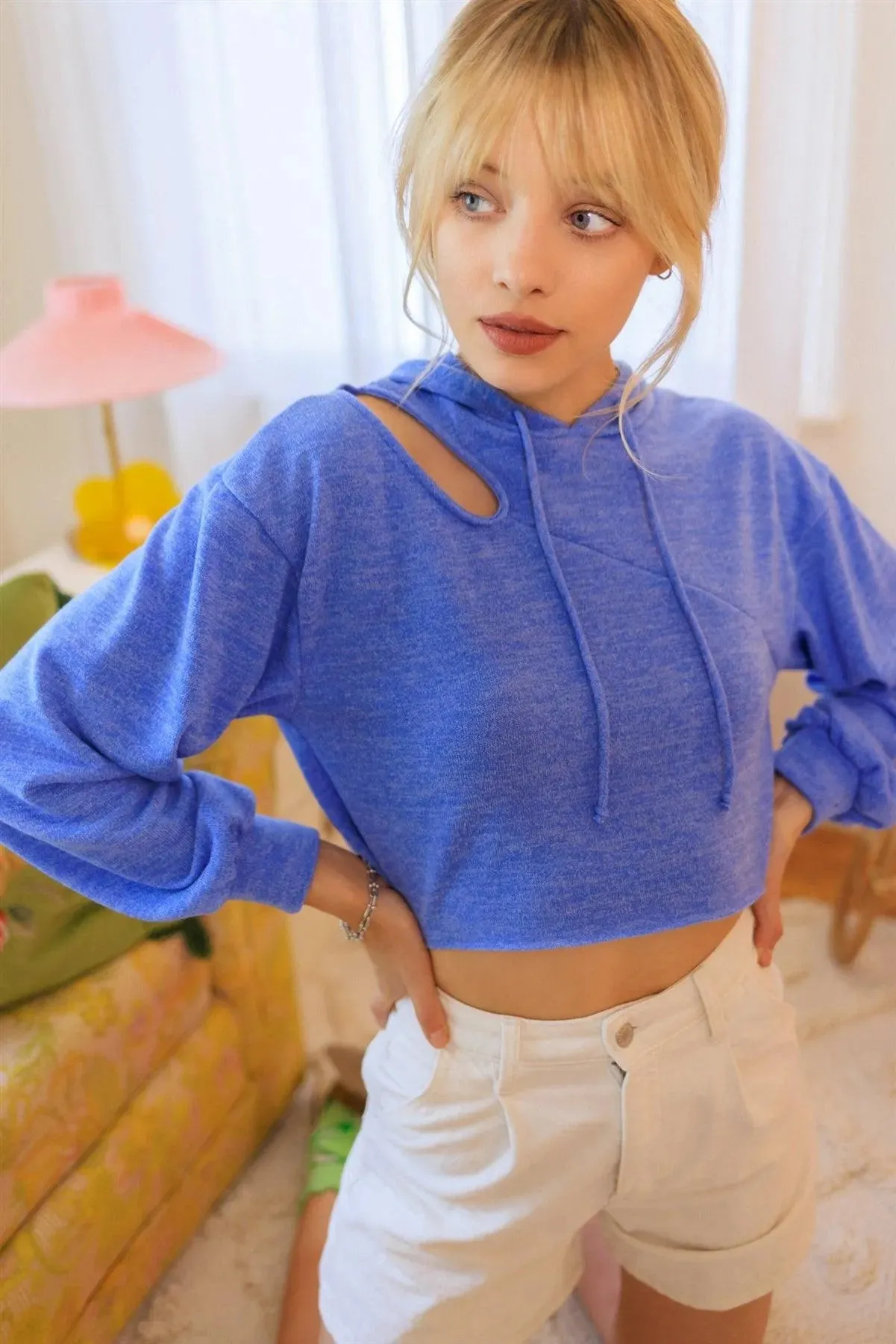 Blue Cut-Out Hooded Long Sleeve Sweater /2-2-1