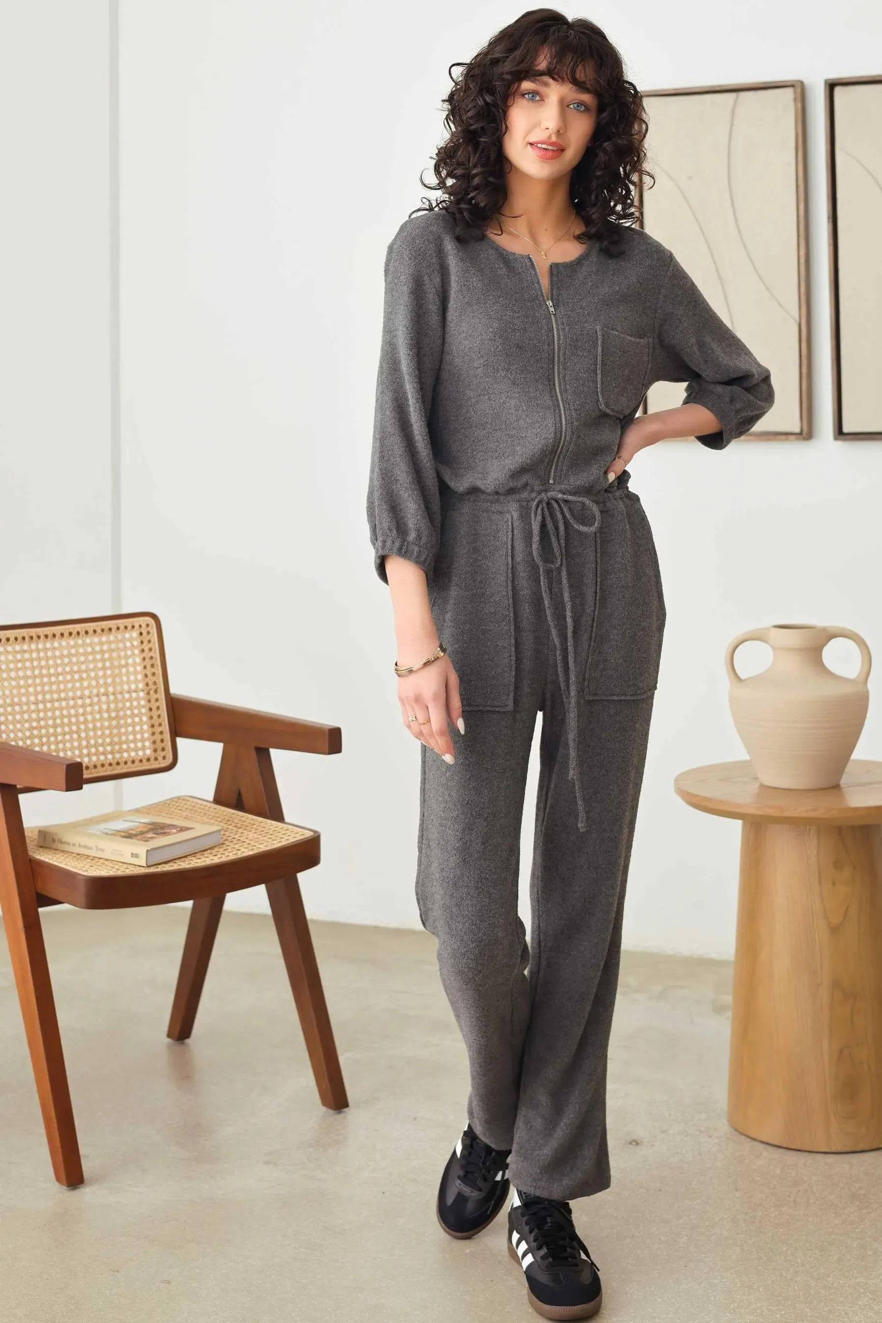 Casual Knit 3/4 Sleeve Half Zipper Drawstring Waist Knit Jumper