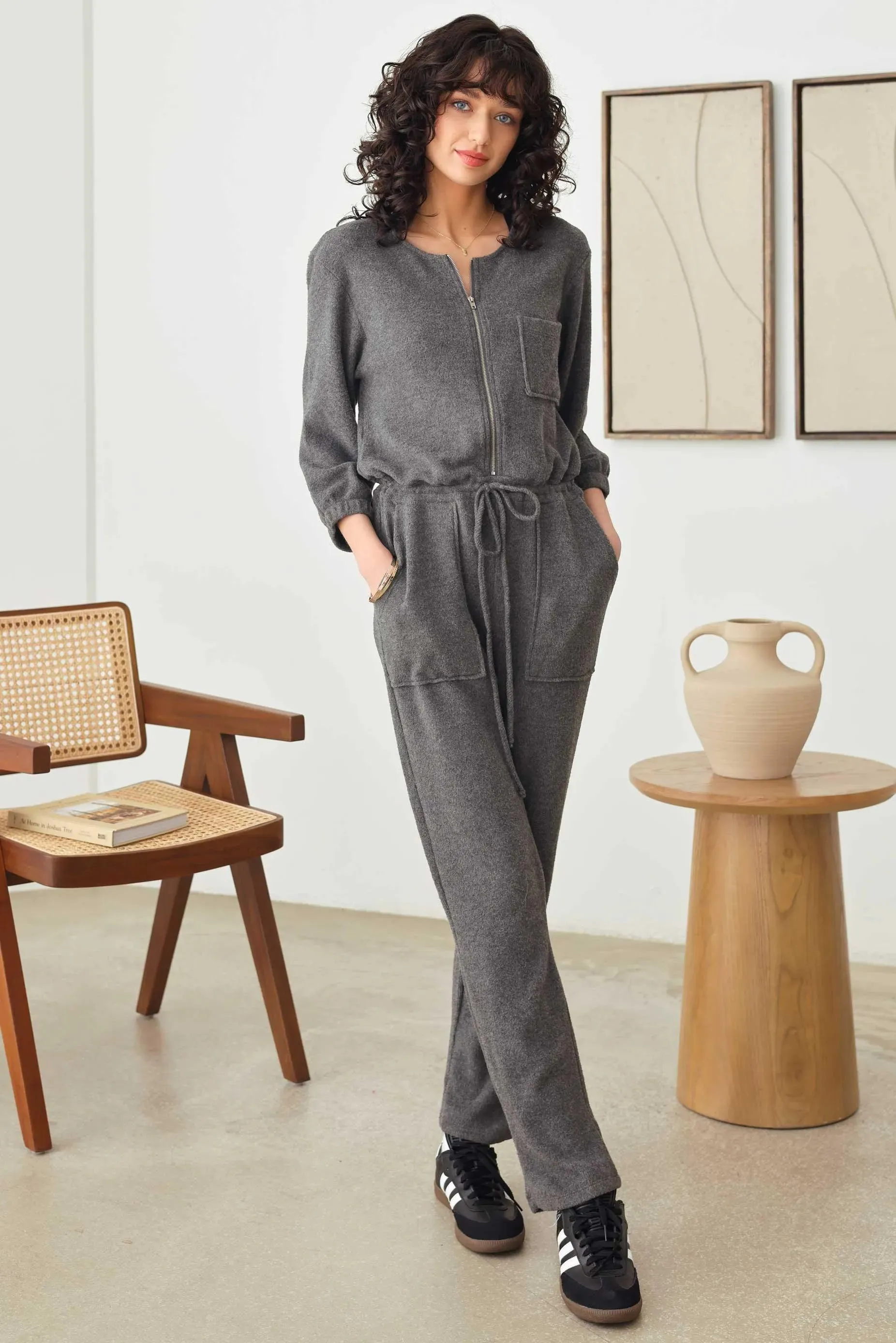 Casual Knit 3/4 Sleeve Half Zipper Drawstring Waist Knit Jumper