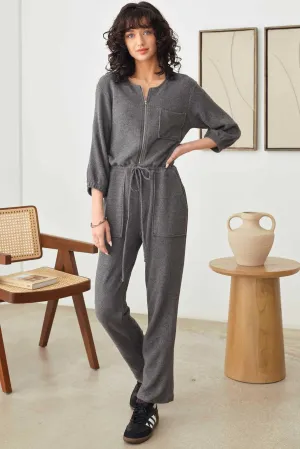 Casual Knit 3/4 Sleeve Half Zipper Drawstring Waist Knit Jumper