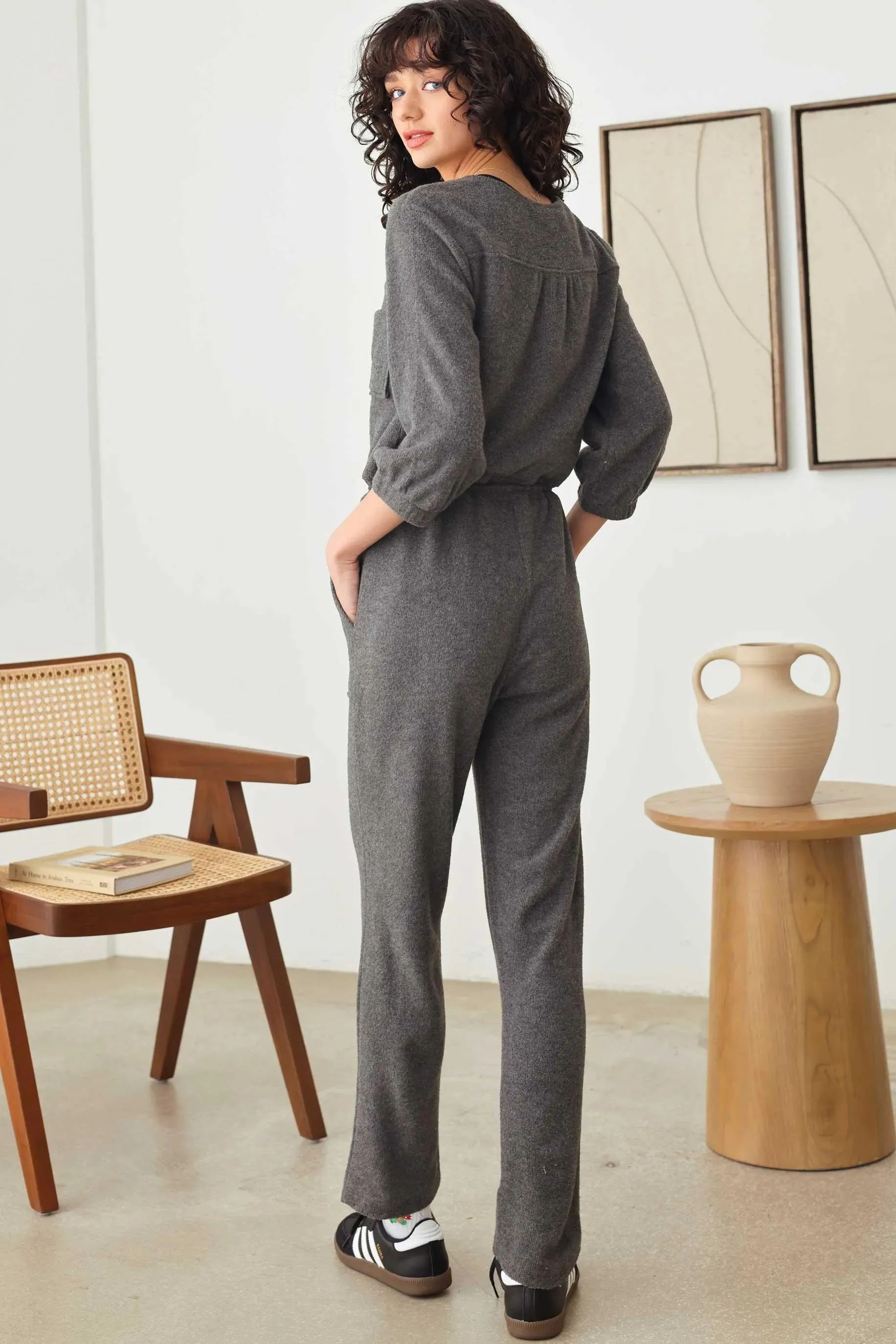 Casual Knit 3/4 Sleeve Half Zipper Drawstring Waist Knit Jumper