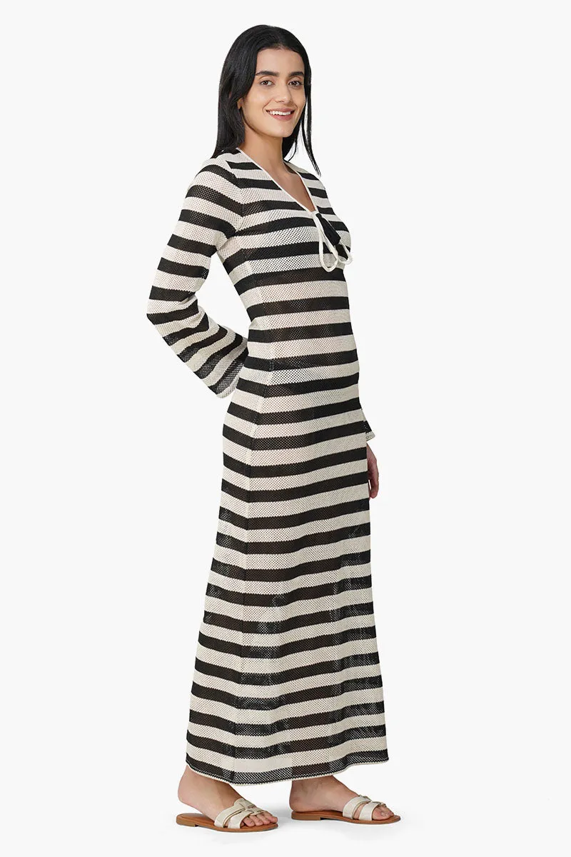 Charcoal Stripe Crochet Long Dress