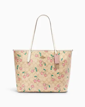Coach City Tote In Signature Canvas With Heart Cherry Print