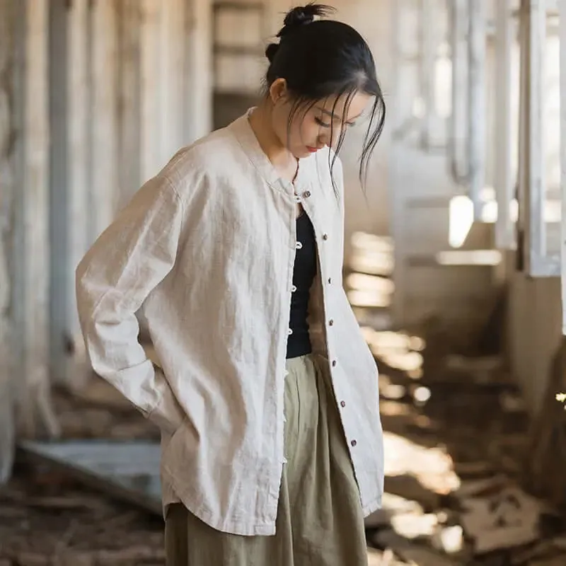 Elegant White Linen Blouse with Long Sleeves