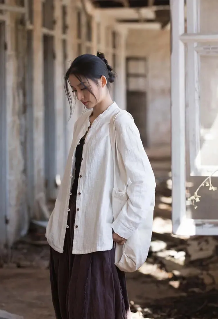 Elegant White Linen Blouse with Long Sleeves