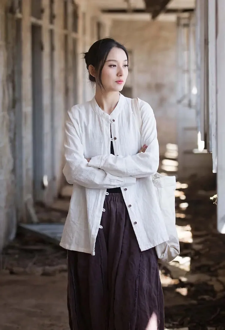Elegant White Linen Blouse with Long Sleeves
