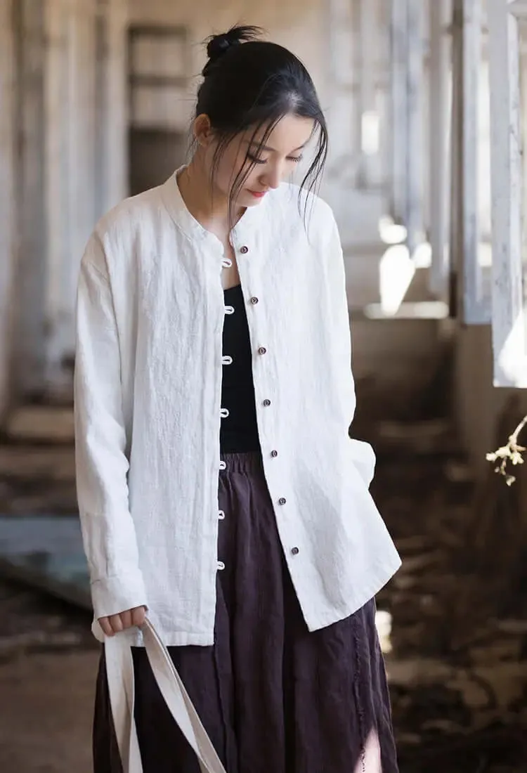 Elegant White Linen Blouse with Long Sleeves