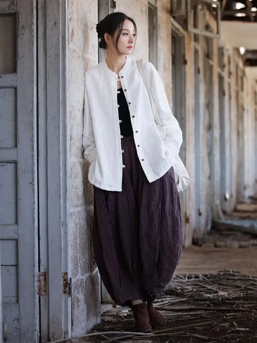 Elegant White Linen Blouse with Long Sleeves