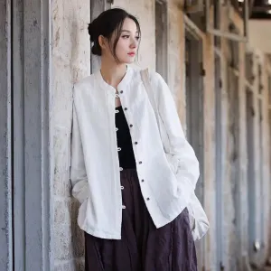 Elegant White Linen Blouse with Long Sleeves