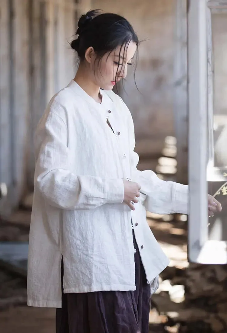 Elegant White Linen Blouse with Long Sleeves