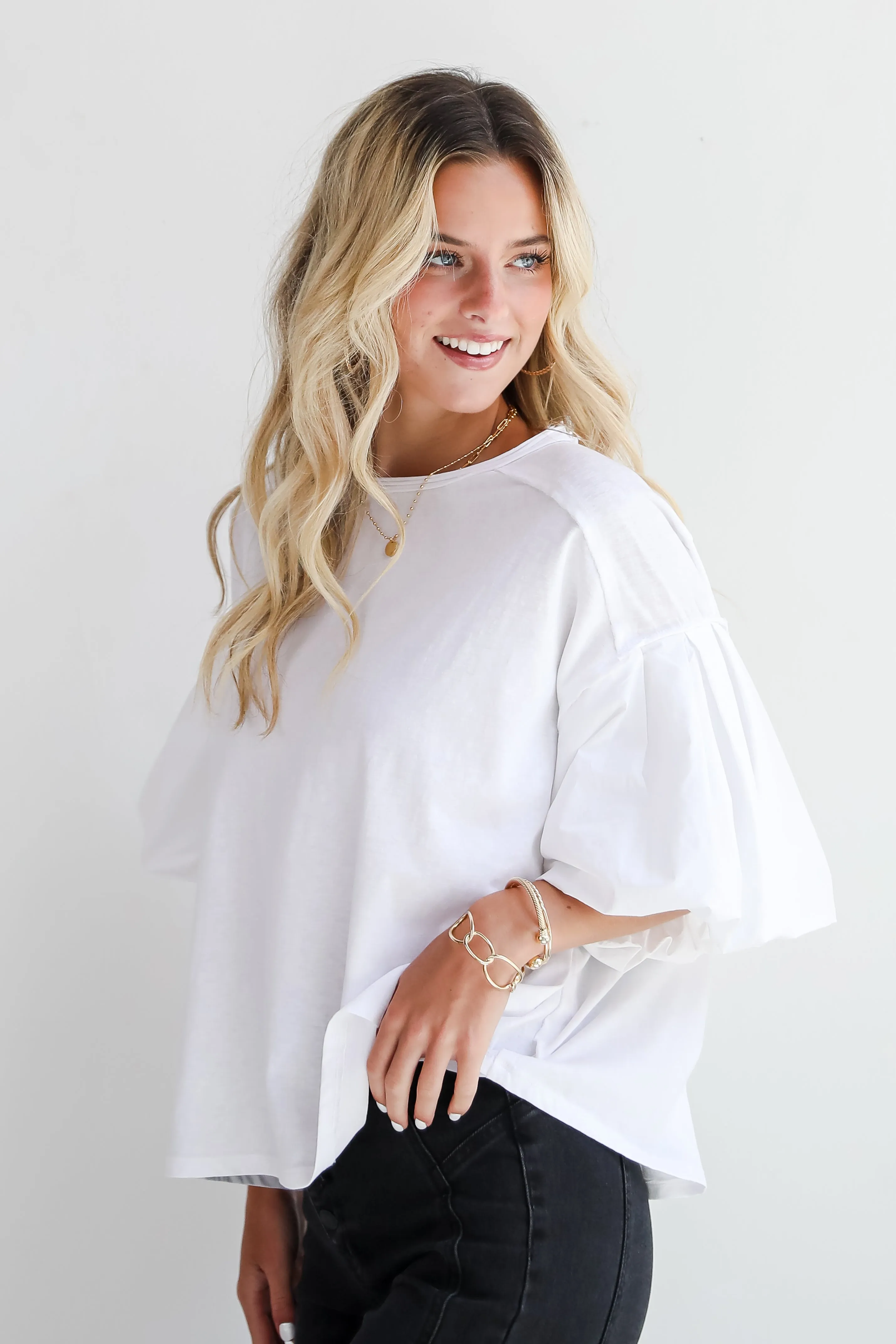 FINAL SALE - Poised Performance White Contrast Puff Sleeve Top
