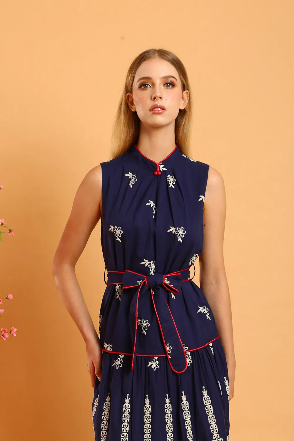 Harleen Floral Embroidered Cheongsam in Navy Blue