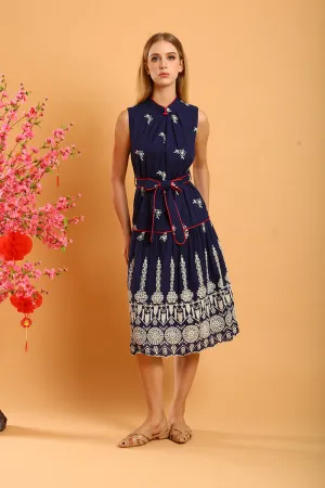 Harleen Floral Embroidered Cheongsam in Navy Blue