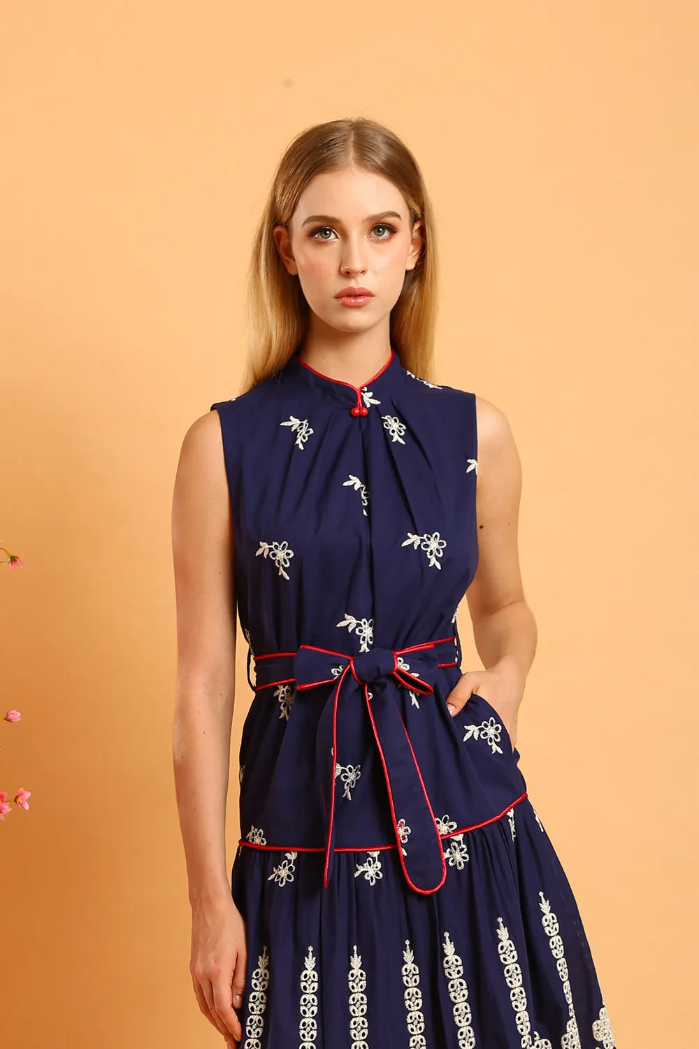 Harleen Floral Embroidered Cheongsam in Navy Blue