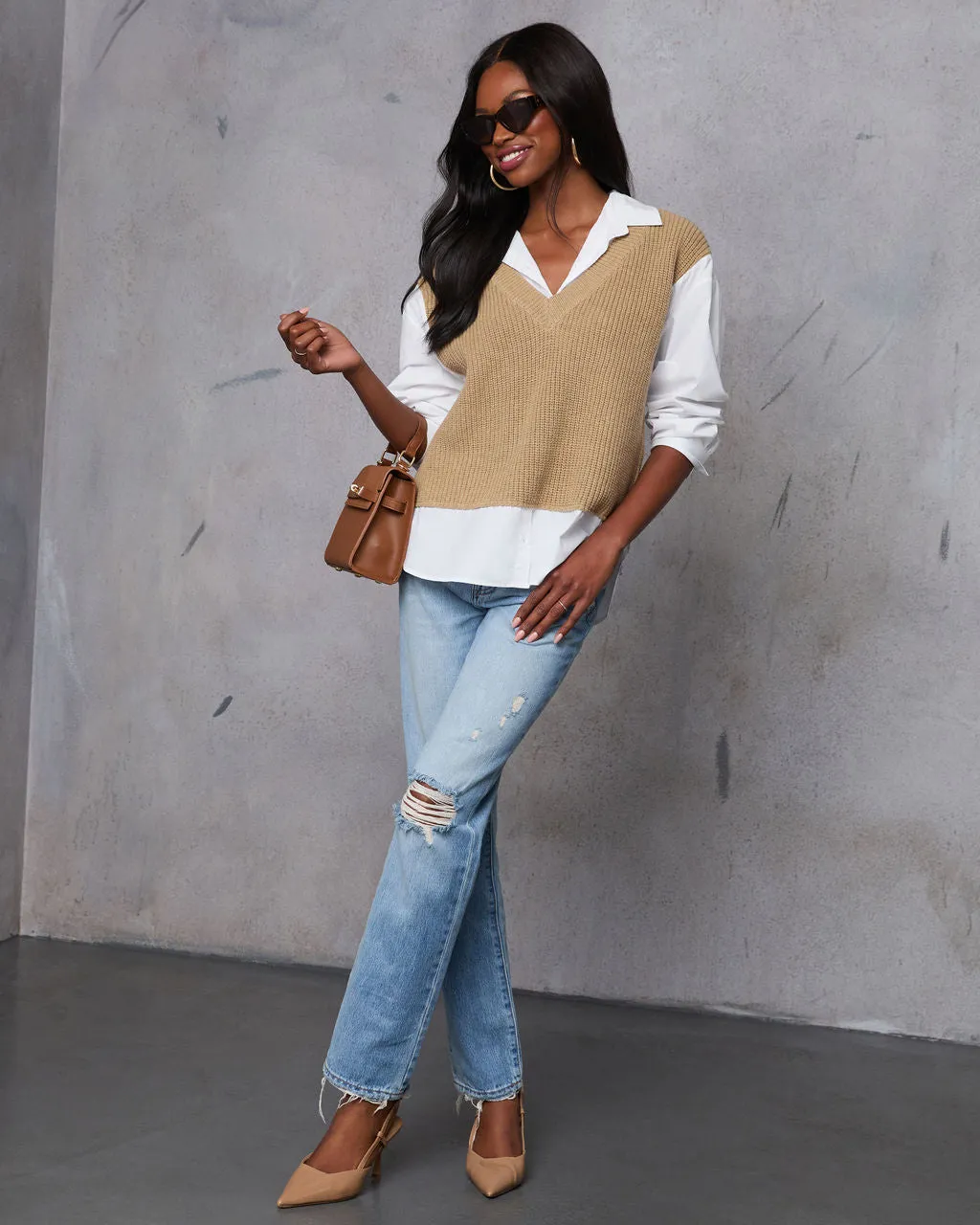 Iced Chai Long Sleeve Sweater Vest Top