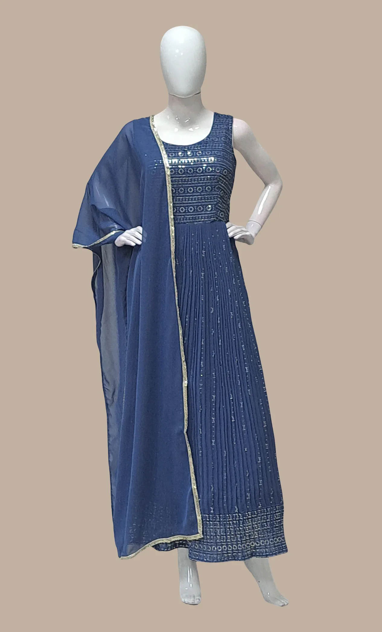 Intel Blue Embroidered Gown & Dupatta