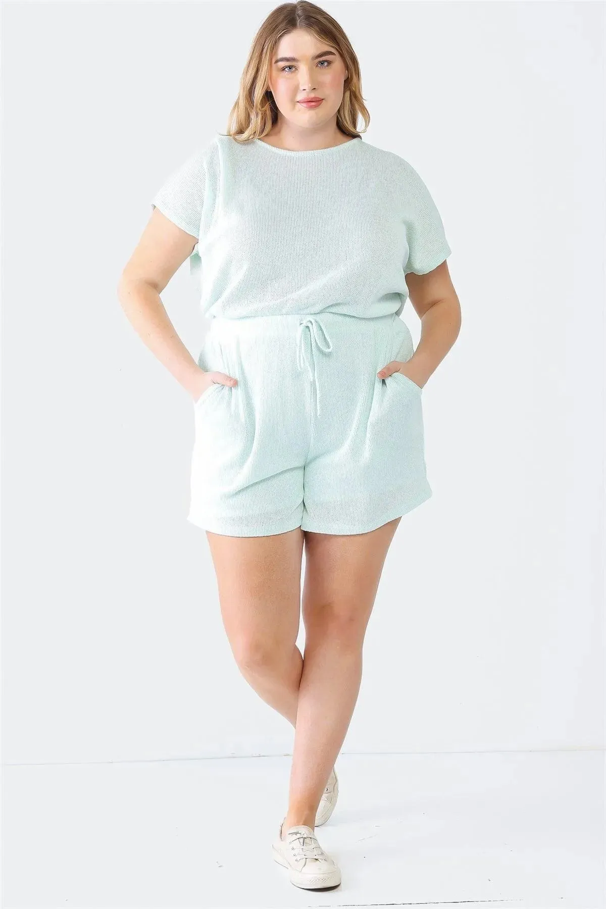 Junior Plus Mint Knit Dolman Sleeve Two Pocket Wrap Back Romper /3-2-1