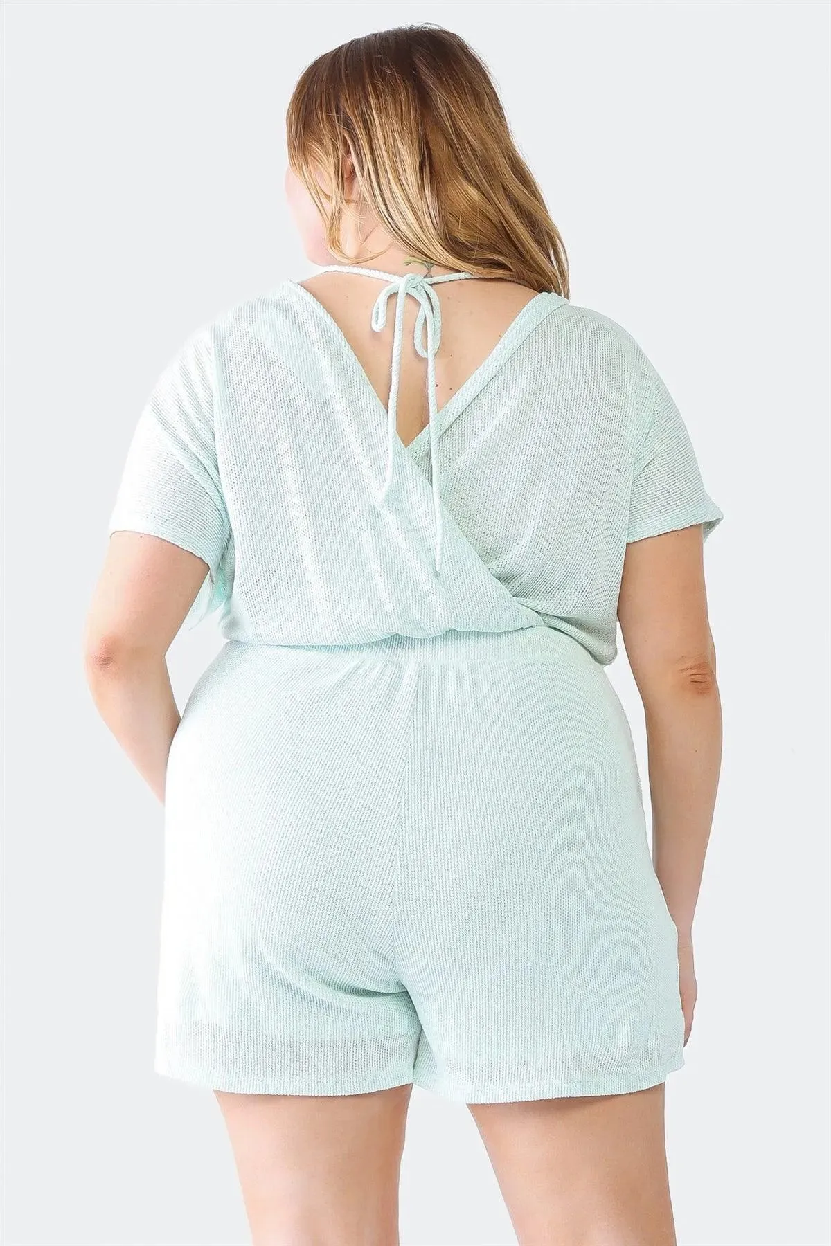 Junior Plus Mint Knit Dolman Sleeve Two Pocket Wrap Back Romper /3-2-1