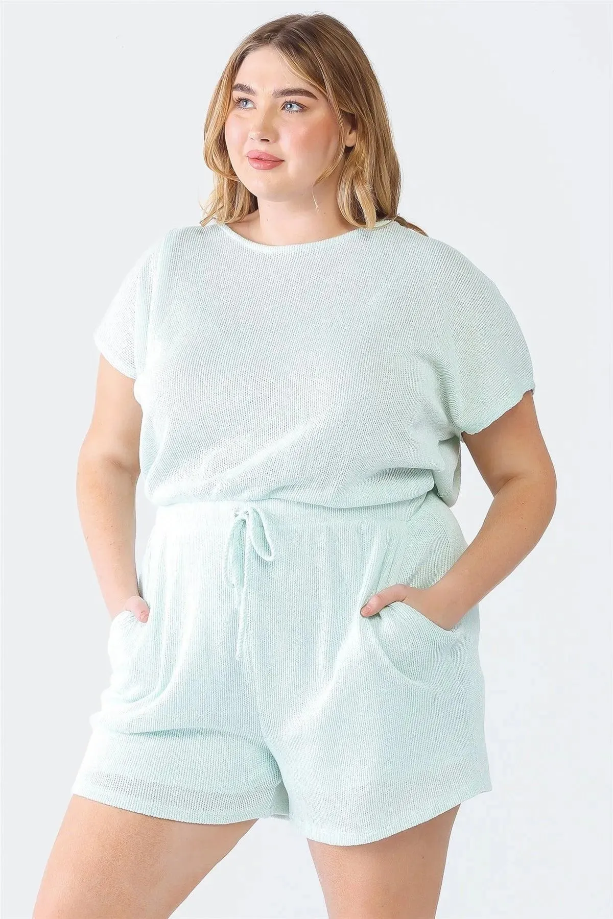 Junior Plus Mint Knit Dolman Sleeve Two Pocket Wrap Back Romper /3-2-1