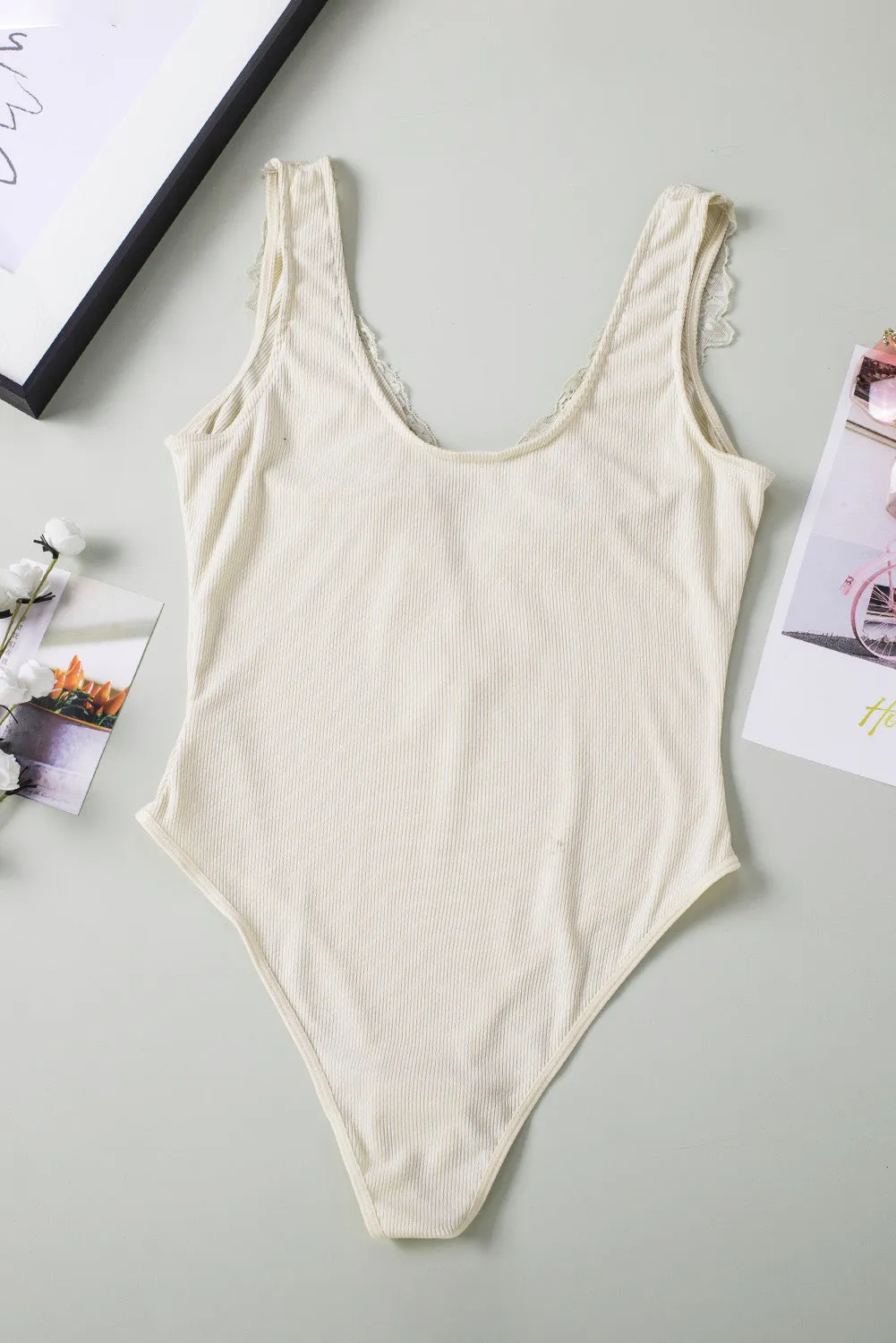 Lace Crochet Rib Knit Sleeveless V Neck Bodysuit