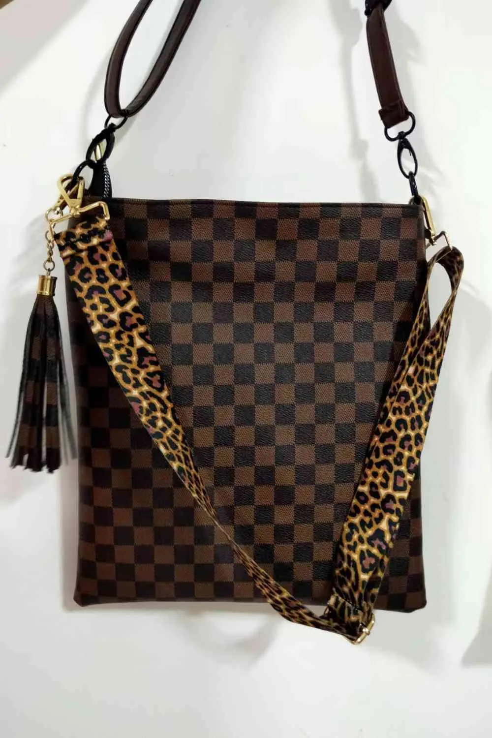Large PU Leather Shoulder Bag with Floral, Leopard, and Plaid Patterns | Imported