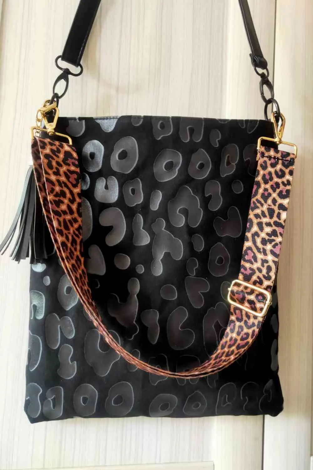 Large PU Leather Shoulder Bag with Floral, Leopard, and Plaid Patterns | Imported