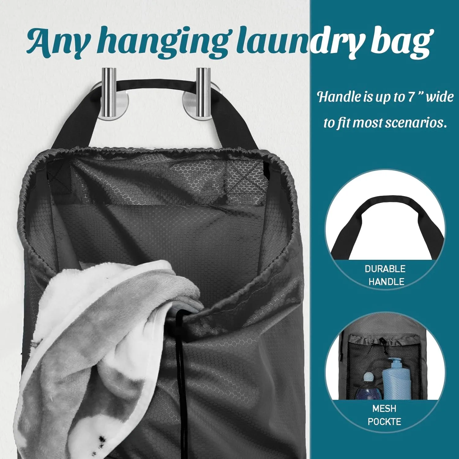 Laundry Bag Backpack Large Travel Laundry Bag with Mesh Pocket & Adjustable Shoulder Straps Portable Backpack Laundry Bag for College Dorm, Apartment, Grey