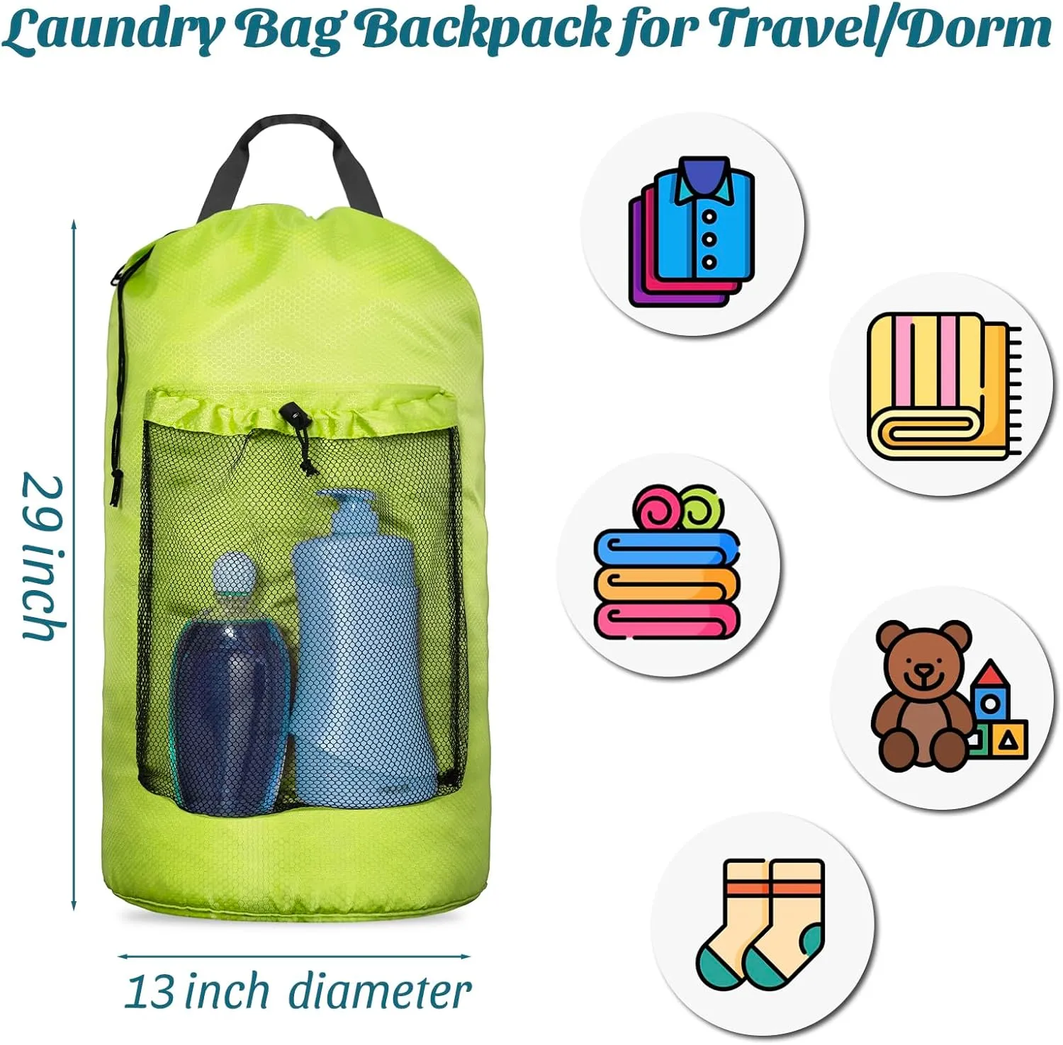 Laundry Bag Backpack Large Travel Laundry Bag with Mesh Pocket & Adjustable Shoulder Straps Portable Backpack Laundry Bag for College Dorm, Apartment