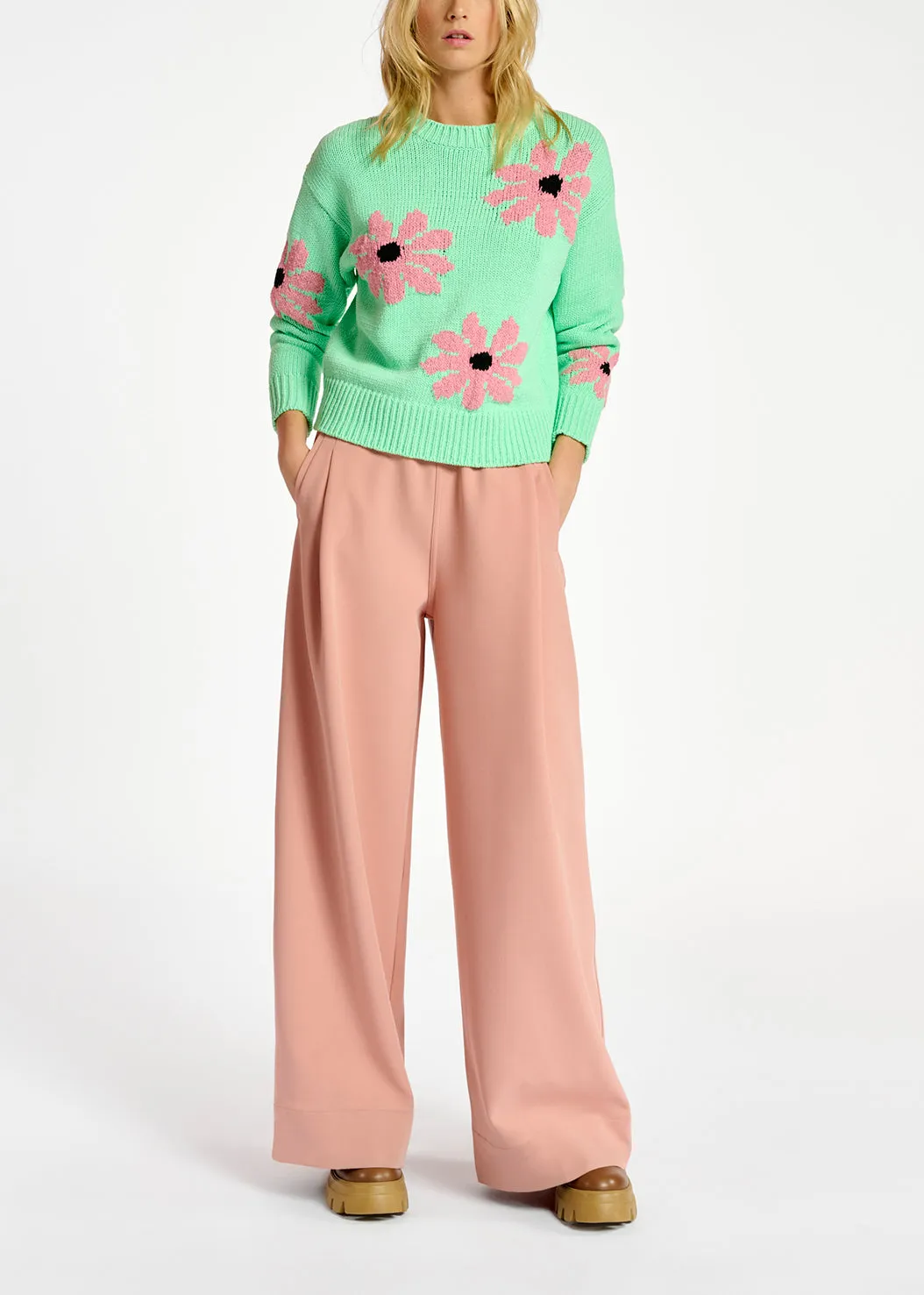 Mint green and pink floral intarsia-knitted sweater