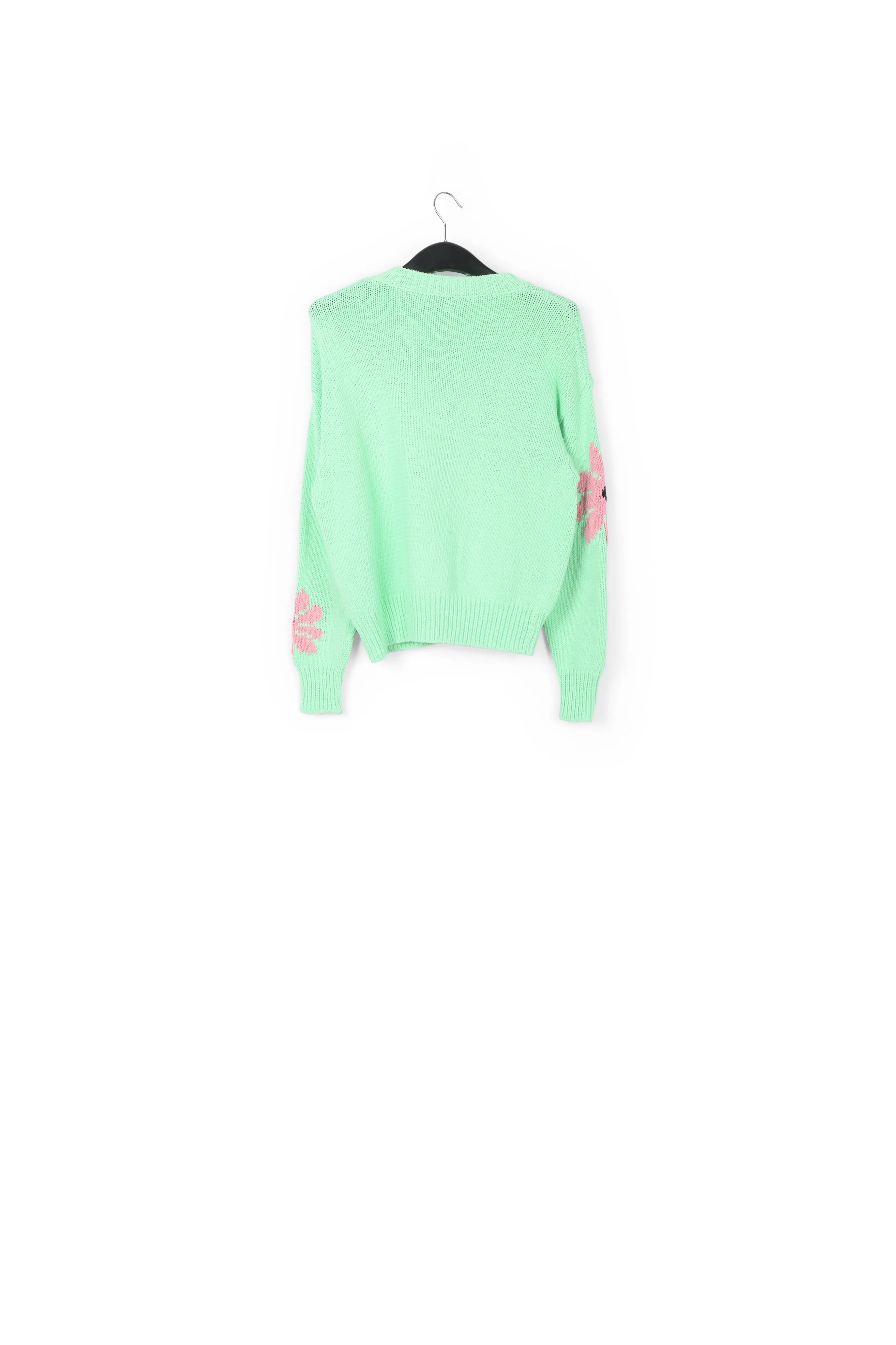 Mint green and pink floral intarsia-knitted sweater