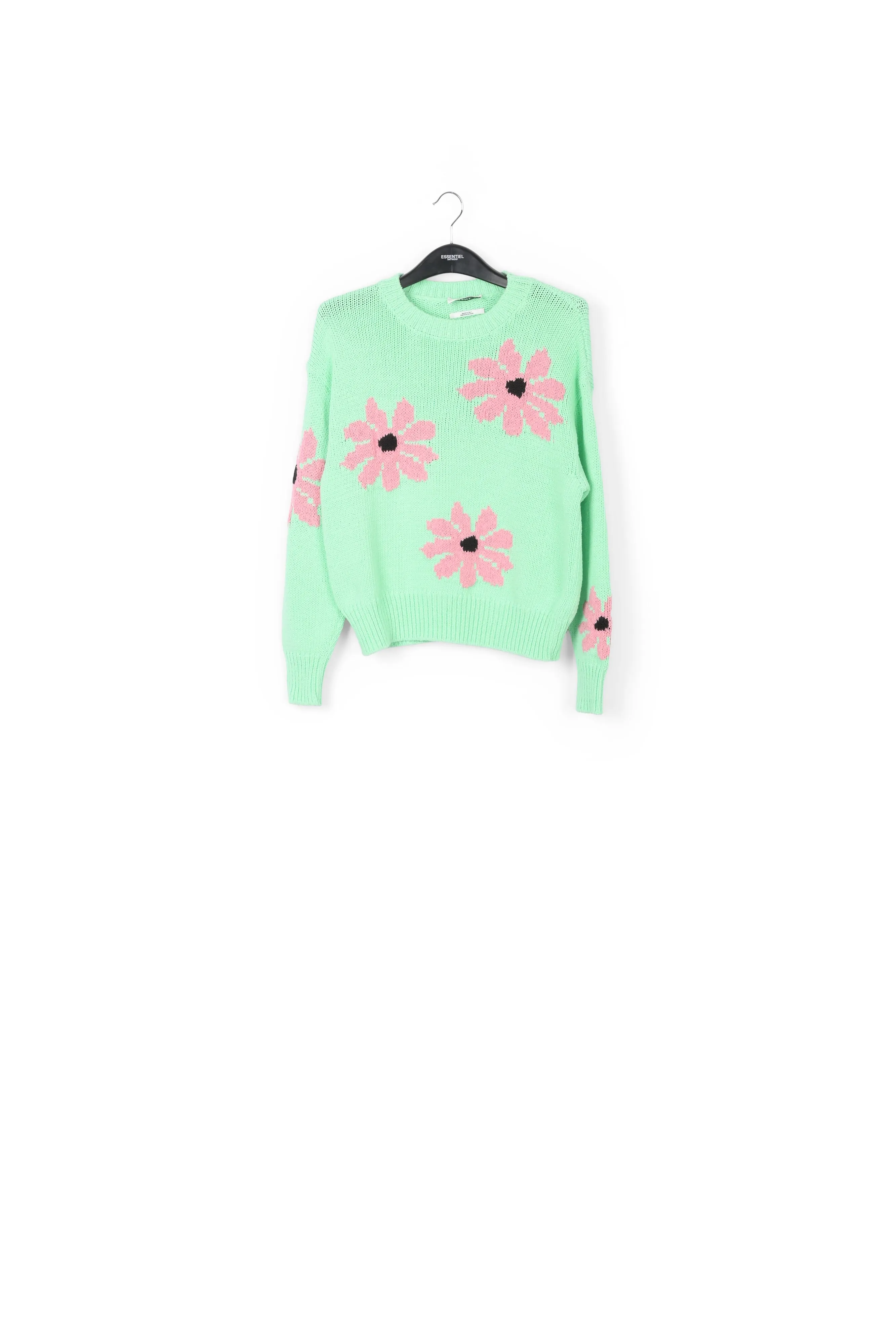 Mint green and pink floral intarsia-knitted sweater