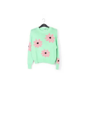 Mint green and pink floral intarsia-knitted sweater
