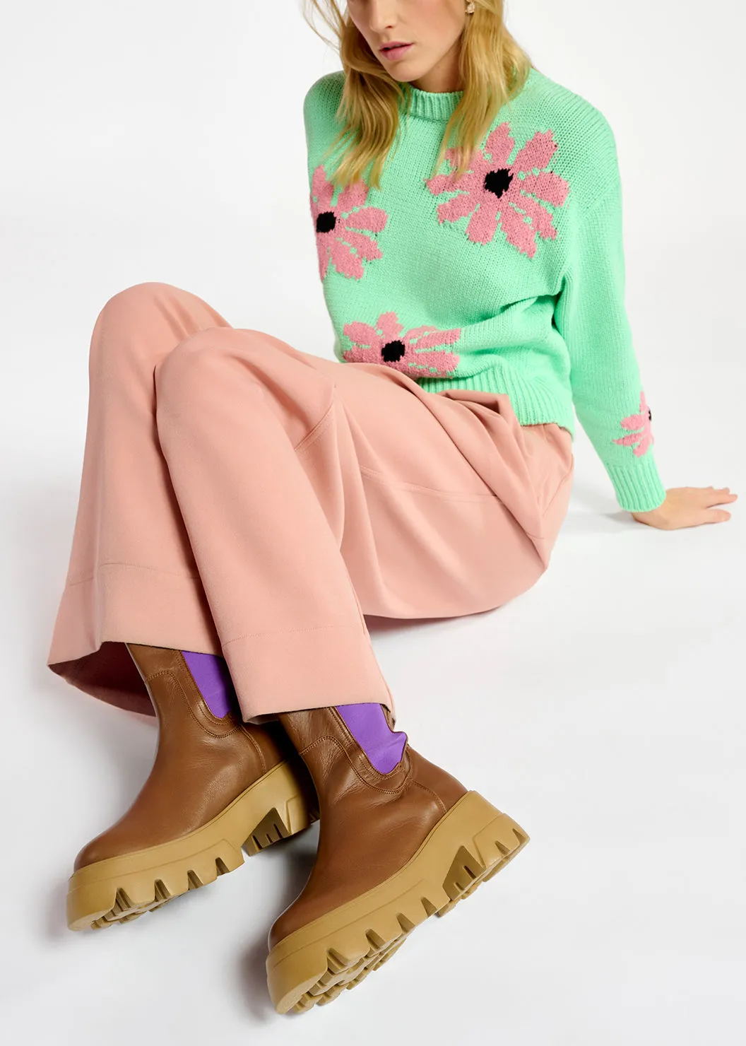 Mint green and pink floral intarsia-knitted sweater