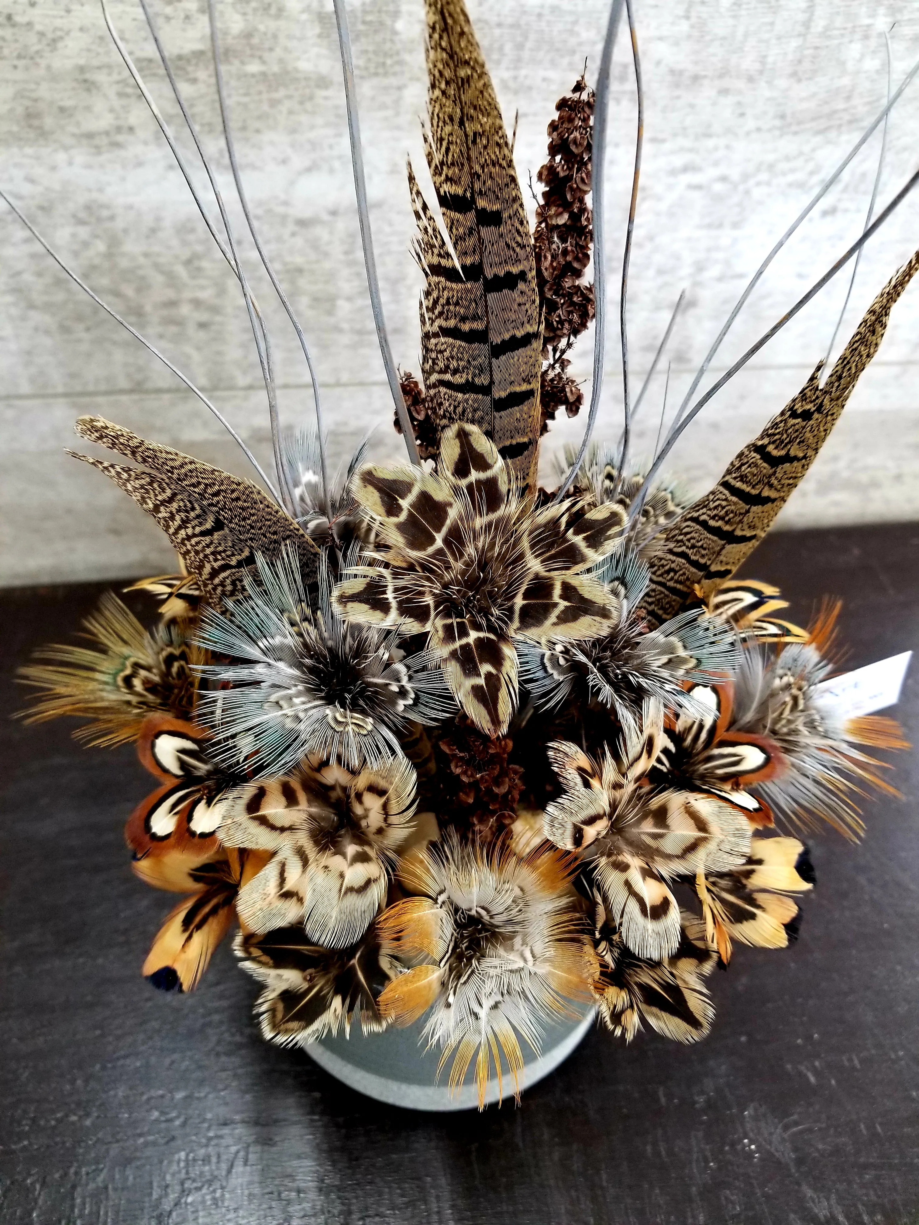 Pheasant Feather Flowers in Gray Pot - Large