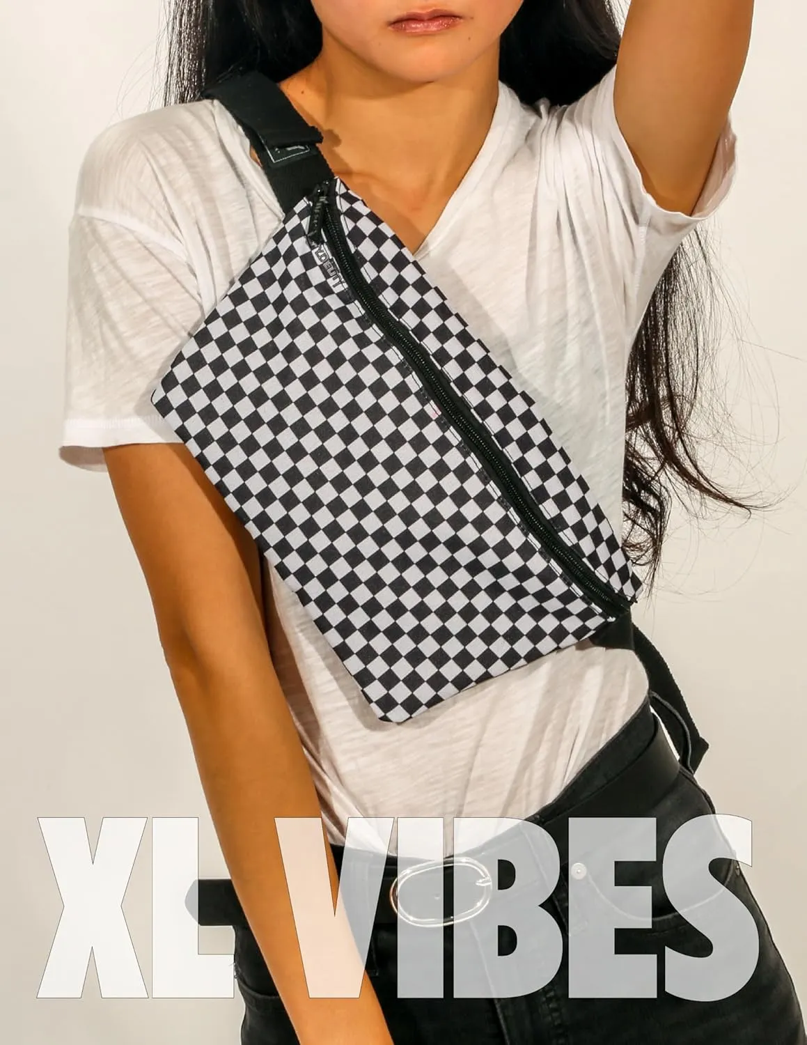 Plus Size Checkered Fanny Packs for Women  Large Black and White Checkered Crossbody Bags for Women | USE: 90s Rave Checkered Belt Bag, 80s Festival Fanny Pack, Mens Travel Waist or Bum Bag