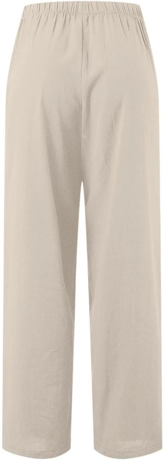 PTOLOCIF Linen Pants for Women Summer Wide Leg Casual Loose Pant Drawstring High Waist Palazzo Pant Trousers with Pockets