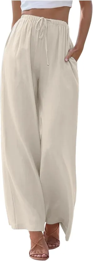 PTOLOCIF Linen Pants for Women Summer Wide Leg Casual Loose Pant Drawstring High Waist Palazzo Pant Trousers with Pockets