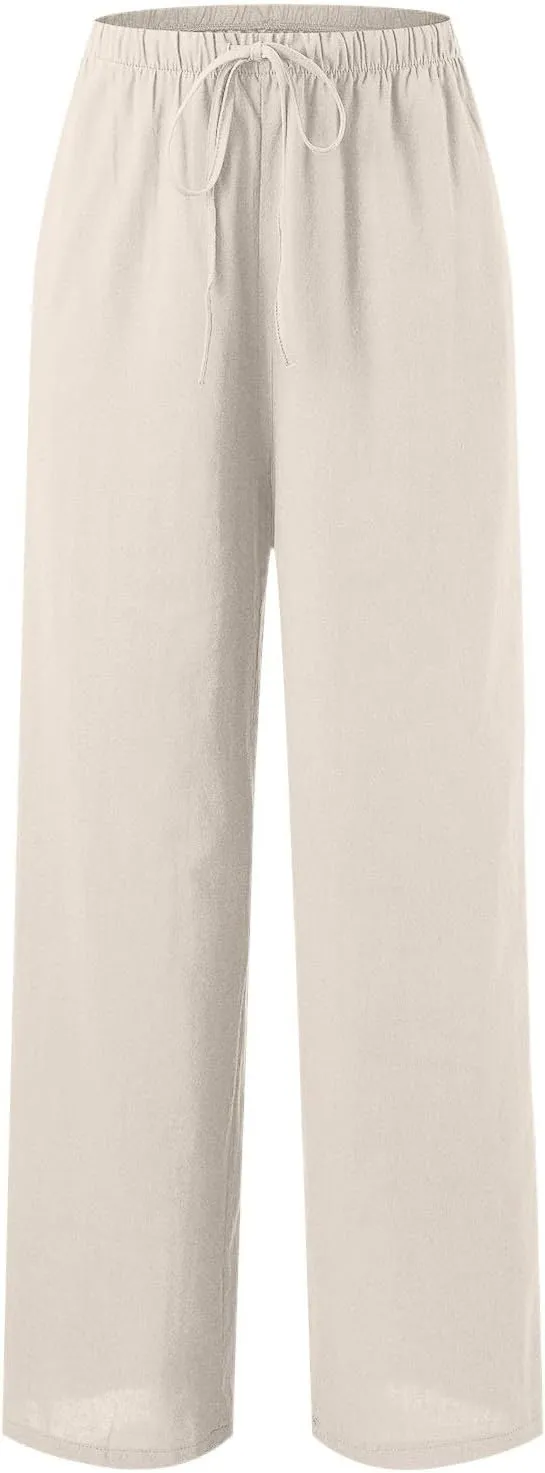 PTOLOCIF Linen Pants for Women Summer Wide Leg Casual Loose Pant Drawstring High Waist Palazzo Pant Trousers with Pockets