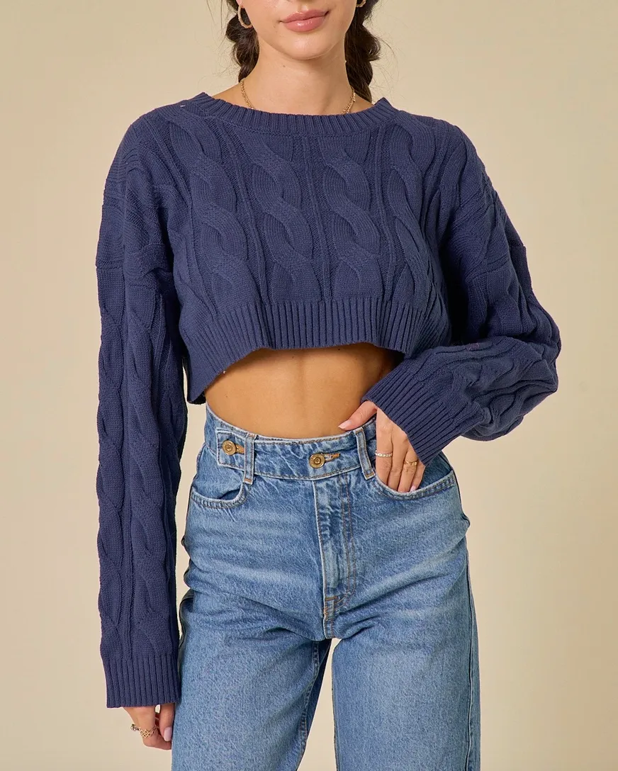 Round Neck Cable Knit Sweater Crop Top