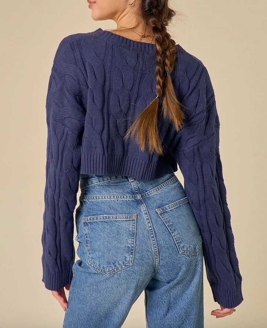 Round Neck Cable Knit Sweater Crop Top