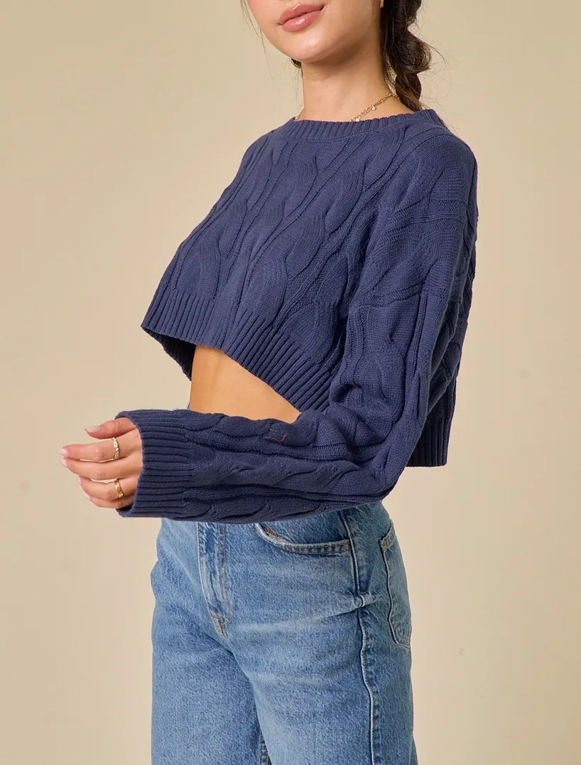 Round Neck Cable Knit Sweater Crop Top