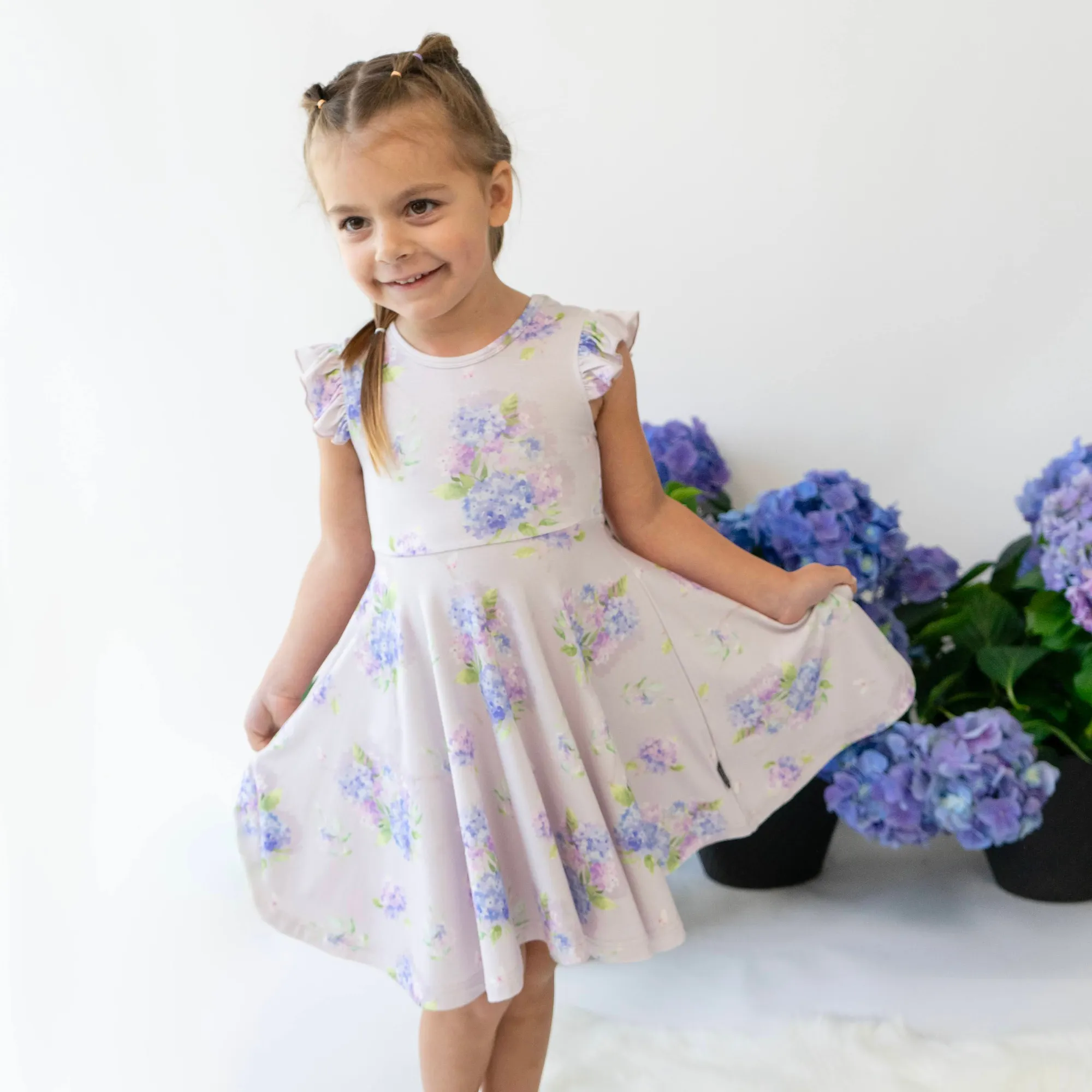 Ruffled Sleeves Twirl Dress - Hydrangeas