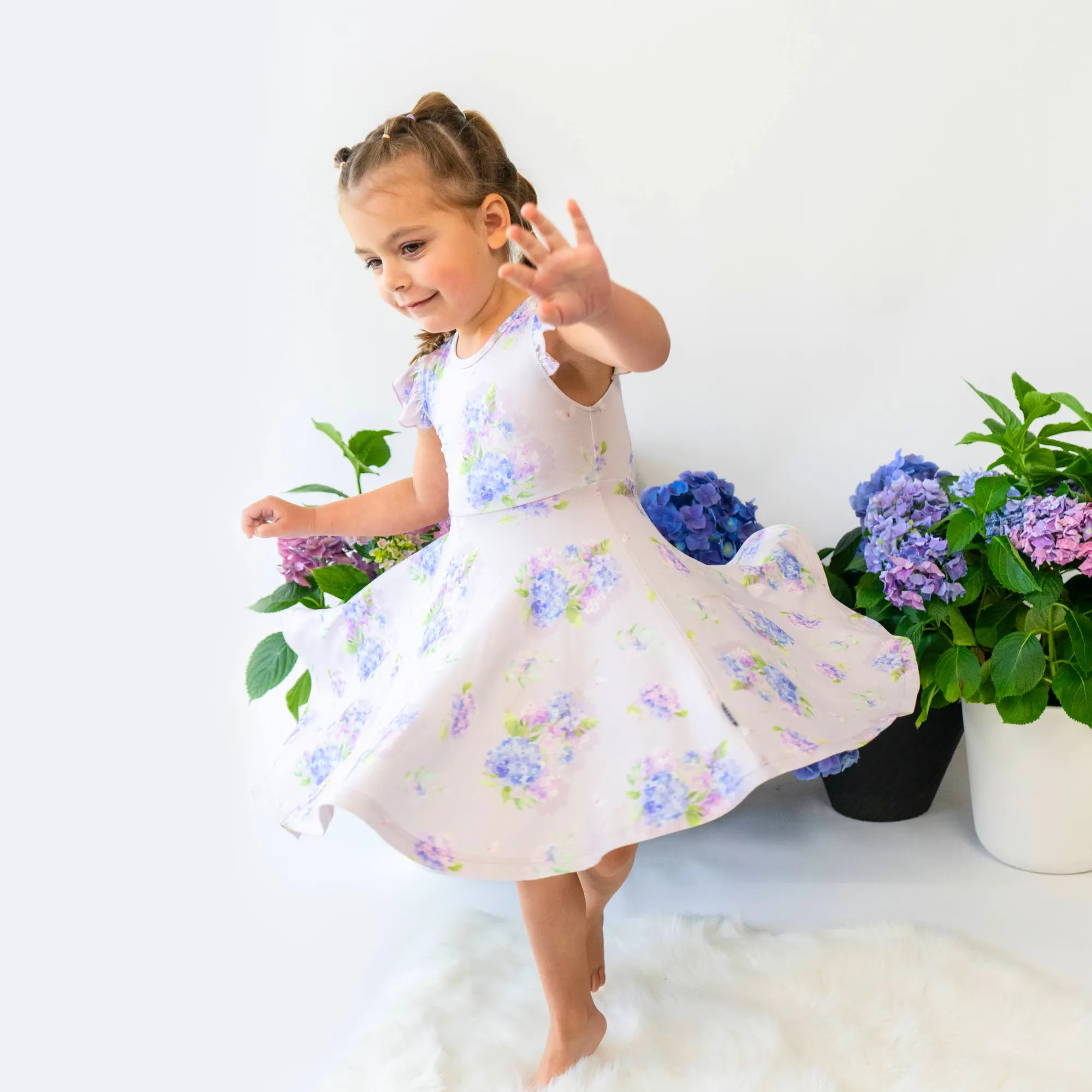 Ruffled Sleeves Twirl Dress - Hydrangeas
